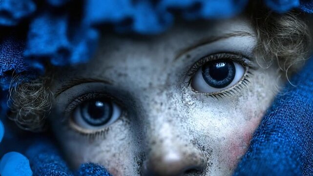 Close-up of a doll's face with blue details