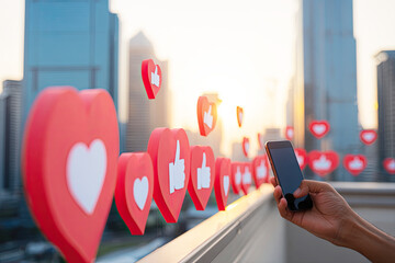 A hand holds a smartphone near floating heart and like icons against a city skyline, symbolizing social media engagement and connection.
