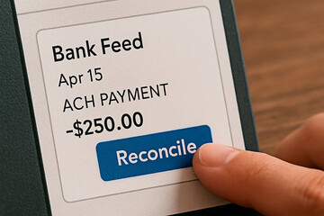 A hand pressing reconcile button on a digital bank feed for online banking and finances.