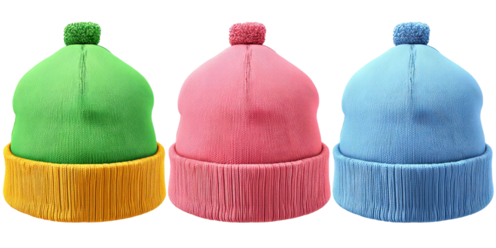 Set of colorful winter knitted hats with pom pom isolated