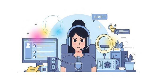 Female broadcaster operates broadcasting equipment and computer interface for online streaming session