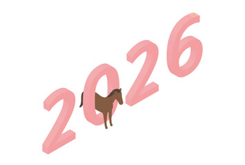 Isometric 2026 New Year Horse Illustration in Pink Numbers
