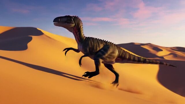 Dinosaur running across sand dunes under a light blue and pink sky during the daytime scene dinosaur video