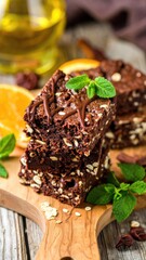Stack of brownies, mint garnish, orange slices, food scene