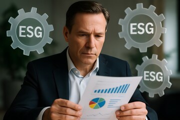 A business professional analyzes ESG data for corporate responsibility.