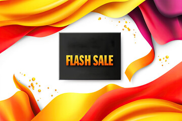 A vibrant promotional graphic featuring a "FLASH SALE" announcement surrounded by colorful flowing ribbons.
