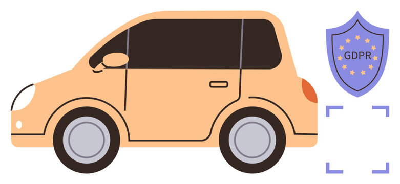 Compact car alongside GDPR shield highlighting data protection and privacy. Ideal for GDPR, vehicle security, surveillance, data privacy, legal compliance, cyber security, digital rights. Simple flat