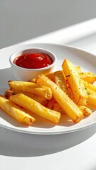 Golden fries with ketchup on a white plate, bright light