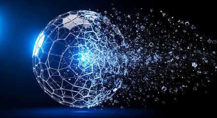 Abstract Glowing Soccer Ball Exploding into Digital Particles.