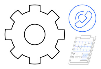 Gear symbolizes process optimization, accompanied by a call icon and a chart-filled clipboard suggesting communication, data analysis, business management, and efficiency. Ideal for technology