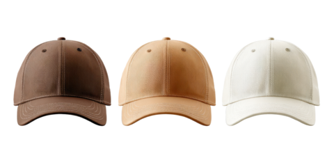 Collection of baseball caps in brown, beige, and white colors