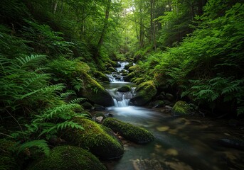 Obraz premium A peaceful mountain brook flows gently over smooth mossy rocks surrounded by ferns and forest foliage, capturing tranquility and nature ,creek ,leaf ,rock