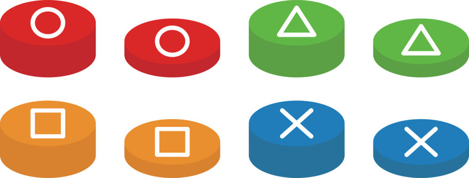 押す前と押した後の丸、三角、四角、バツボタンのベクターイラスト。円柱状のゲームのスイッチのセット