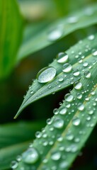 Close-up of dew drops on leaves, with a soft, blurred green background,  drops, nature