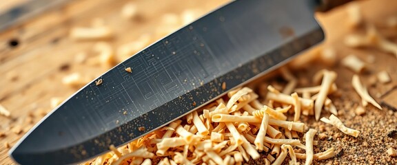Close-up of sharp carpenter's chisel slicing wood, creating fine shavings, detail shot, clean