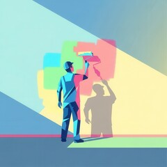 Stylized depiction shows maintenance worker applying vibrant paint colors to a wall surface