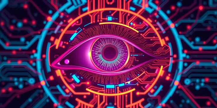 Cybernetic eye circuit glowing in futuristic tech background,  technology,  artificial intelligence