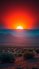 Dramatic sunburst over a desert landscape at twilight,  yellow,  dusk