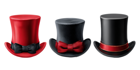 Collection of Elegant Top Hats in Red Black and Gray Colors Isolated on Transparent