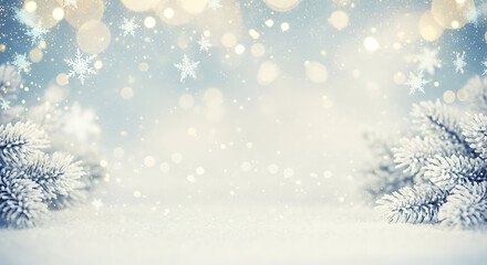 Christmas Tree Branches in Pastel Winter Wonderland with Floating Snowflakes and Bokeh Background