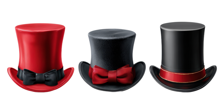 Collection of Elegant Top Hats in Red Black and Gray Colors Isolated on Transparent