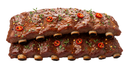 Caribbean jerk pork ribs with spicy seasoning and herbs, glossy texture