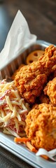 Fried chicken and coleslaw on a tray, convenient and tasty,  picnic,  coleslaw