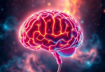 Glowing human brain, abstract nebula backdrop,  mystical,  bright