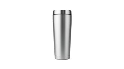 A sleek silver insulated travel mug, perfect for keeping beverages hot or cold on the go. Ideal for daily commutes, office use, or outdoor activities.