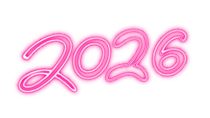 Bright pink neon light style digital illustration of the year 2026, handwritten and glowing, perfect for new year celebrations and futuristic themes, isolated on transparent background.
