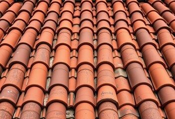Intricate terracotta tiles, weathered patina, aged clay roof texture, backgrounds, roof