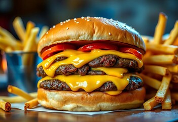 Juicy double cheeseburger, melted cheese, crispy golden fries, closeup, double