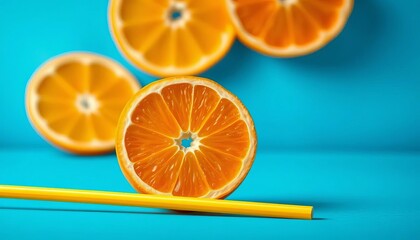 Juicy orange segment with straw, vibrant blue backdrop, lifestyle, blue