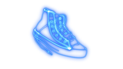 Futuristic glowing neon outline of a high-top sneaker shoe illustration, digital art concept, modern footwear design, isolated on transparent background