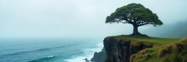 Obraz premium A solitary, ancient tree stands on a windswept cliff overlooking a vast, misty ocean; embodying wisdom and isolation The scene evokes a sense of serenity and timeless solitude , rocky, sea