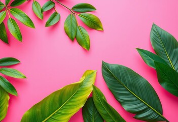 Pink background, tropical leaf paper frame Artisanal, vibrant, summer, exotic,  pattern,  cutout
