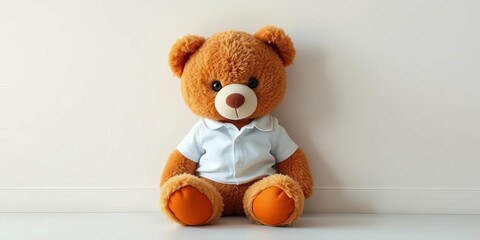 Plush teddy bear in white shirt sits against plain wall, image, product display