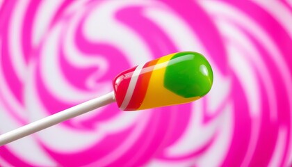 Pink spiral background, vibrant lollipop on stick,   delightful,   sugar rush