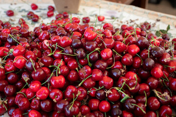 bundle of red cherries in a market