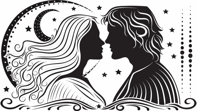 Romantic couple profile silhouettes gaze intently, framed by celestial moon and starry night, evoking deep connection and love.