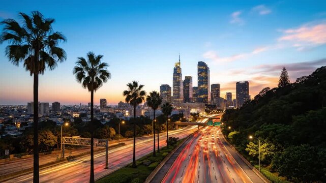 Los angeles cityscape at twilight with illuminated skyscrapers, a busy freeway, and silhouetted palm trees video 4k