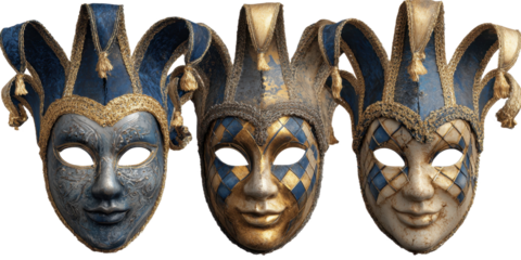 Collection of Venetian Jester Masks with Blue and Gold on Transparent Backdrop
