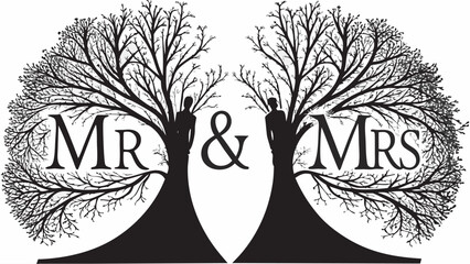 Elegant Mr & Mrs tree design symbolizing union and growth perfect for wedding invitations and celebratory decor
