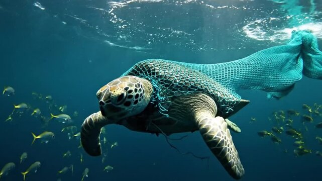 Sea turtle entangled in a discarded fishing net, struggling to swim in the deep blue ocean, symbolizing marine pollution and wildlife endangerment video 4k
