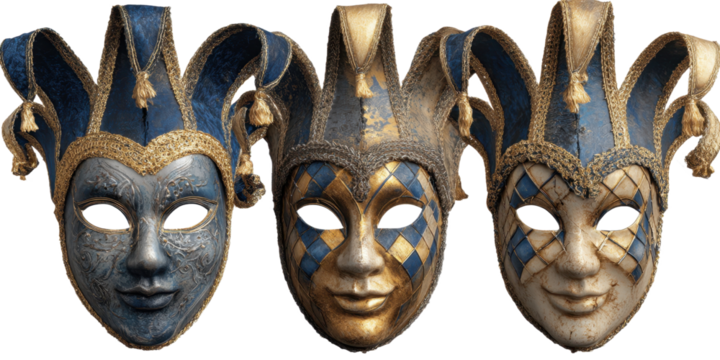 Collection of Venetian Jester Masks with Blue and Gold on Transparent Backdrop