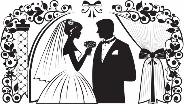 Elegant bride and groom silhouette celebrating wedding day with romantic floral and bow decorations, perfect for invitations and announcements.