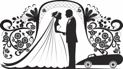 Elegant wedding silhouette with floral arch and classic car, symbolizing love and commitment, perfect for invitations and romantic designs, scalable vector origin