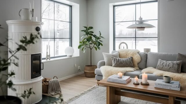 Neutral toned room featuring a fireplace, sofa, and coffee table