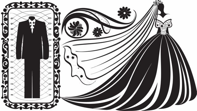 Elegant wedding invitation design with groom's suit and flowing bridal gown, floral accents, perfect for sophisticated events and stylish celebrations