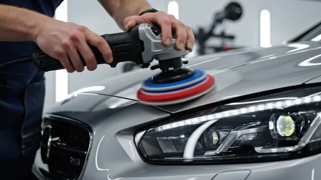 Closeup of a person polishing a silver car with a buffer in a welllit garage, highlighting the detailing process video 4k